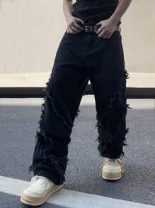 Manfinity EMRG Loose Fit Men's Solid Color Frayed Edge Jeans Without Belt, Grunge - Black - View 4