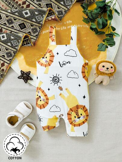 SHEIN 可愛獅子圖案的背帶短褲,適合男寶寶,休閒款式