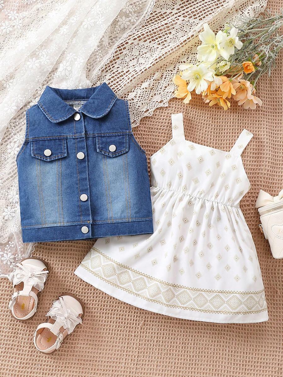 2pcs/Set Spring Summer Baby Girls' Festival Print Dress And Washed Denim Vest Fashionable Baby Girl Outfit - White - View 1