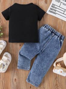Đứa bé gái Hoa Hướng dương Lá thư In Ngắn tay Áo Và Quần denim Bộ - màu đen - Xem 2