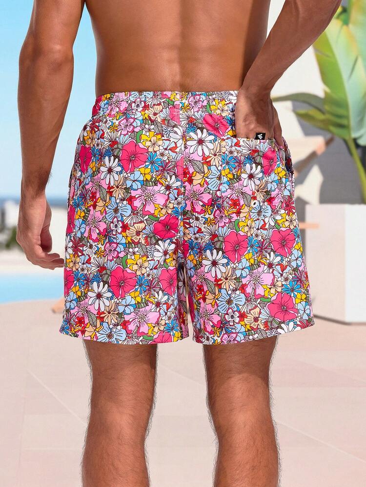 Men's Full-Printed Floral Drawstring Waist Beach Shorts
