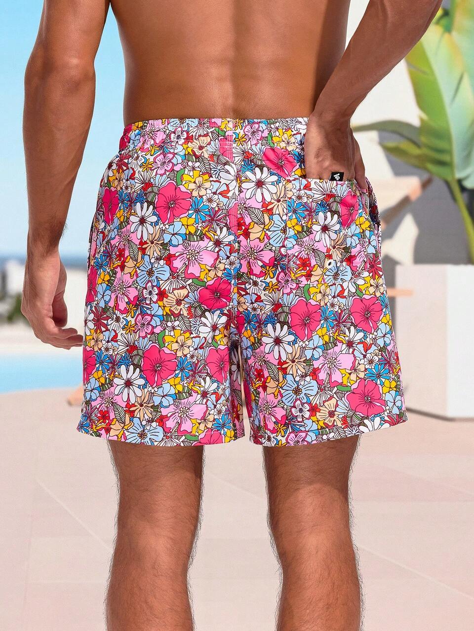 Men's Full-Printed Floral Drawstring Waist Beach Shorts