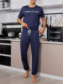 Men's Navy Blue Slogan Pattern Short Sleeve T-Shirt And Long Pants Homewear Set - Navy Blue - View 6