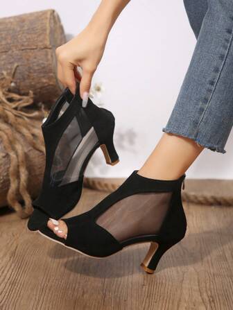 European And American Style Plus Size Women'S Back Zipper Net Yarn Open Toe Thin High Heel Slippers, Casual And Fashionable, Suitable For Outdoor Activities In Summer