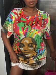 Slaydiva Kích thước lớn Của phụ nữ Lá thư & Nhân vật In Váy áo thun - trắng - Xem 5