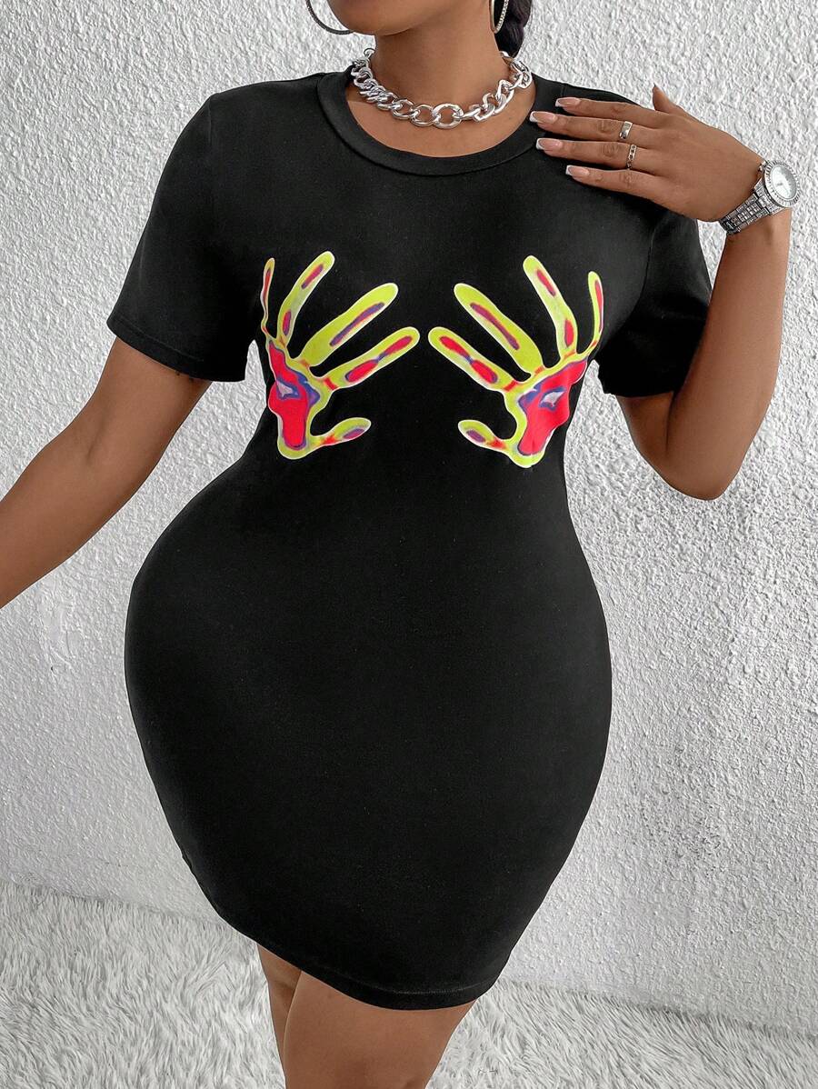 Maweii Women's Plus Size Bodycon Dress With Thermal Imaging Finger Print Design