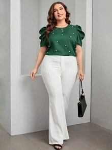 SHEIN Clasi Plus Size Beaded Detail Puff Short Sleeve Blouse - Dark Green - View 6