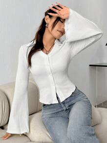 Flirla 女式纹理立领喇叭袖衬衫女式衬衫，长袖上衣 - 白色 - 查看 1