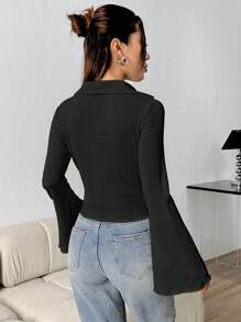 SHEIN Unity Của phụ nữ Textured Vòng cổ Tay áo loe Áo sơ mi - màu đen - Xem 2