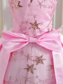 Vestido Rosado De Jacquard Para Niña Con Estrellas, Cuello De Lazo, Estilo De Princesa, Ideal Para Fiesta De Cumpleaños/fiesta/boda/festival/actuaciones