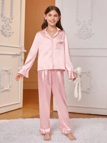 青少年女孩简约纯色长袖 T 恤和裤子睡衣套装，袖口和下摆带褶边 - 淺粉色 - 查看 5