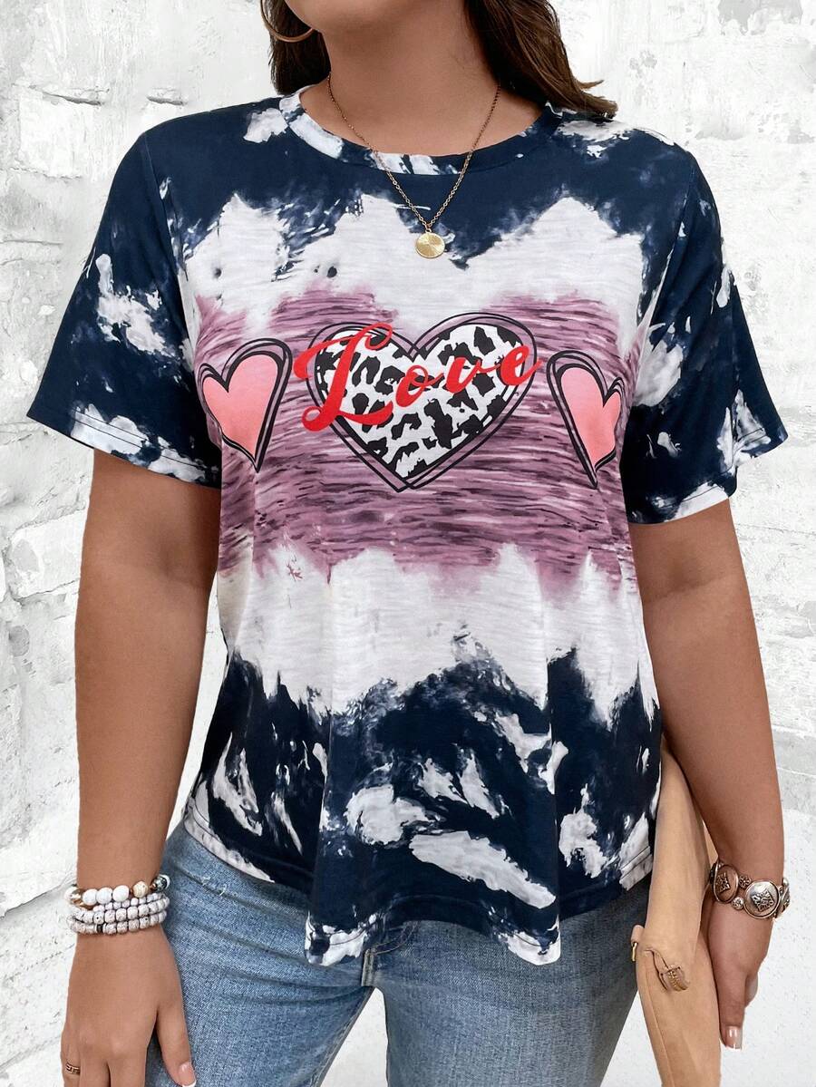 SHEIN LUNE In Trái tim Nhuộm buộc Ngắn tay Áo thun - Màu xanh lam - Xem 1