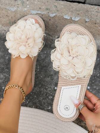 Sandalias Planas De Moda Para Mujeres, Con Diseño De Flores Beige, Estilo Deslizante Para Mujeres, Sandalias De Moda Para Mujer Para Uso Casual En La Playa En Verano