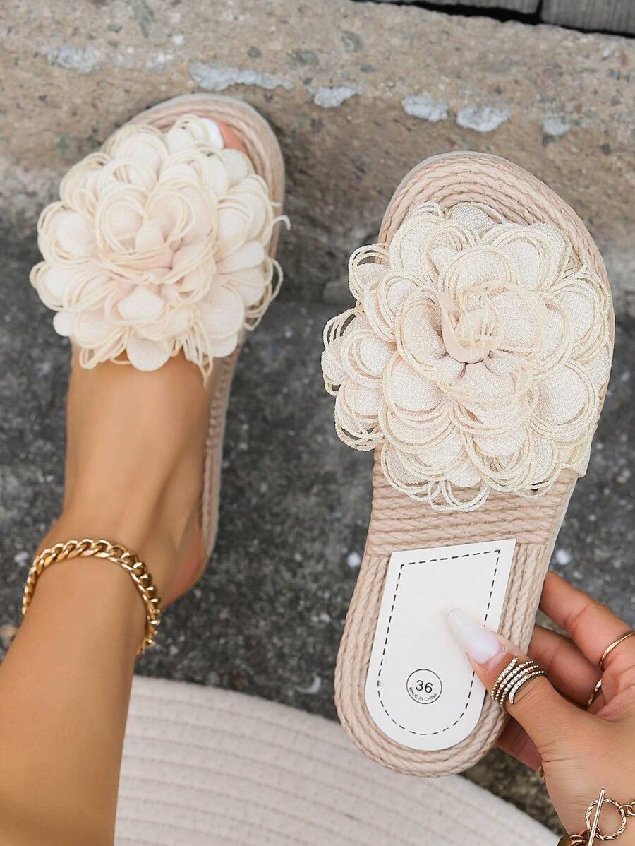 Women Fashion Flat Sandals Beige Flowers Slip On Slides Fashion Sandals For Women Casual Summer Beach Shoes - Beige - View 1