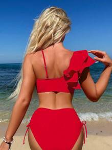 SHEIN Swim Summer Beach Ruffled Edges & Decorative Knot Detailing Bikini Set With Separated Bikini Bottom New Year - Red - View 2