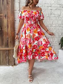 Breezaya 大尺碼女款花卉印花露肩連身裙 - 彩色 - 查看 1