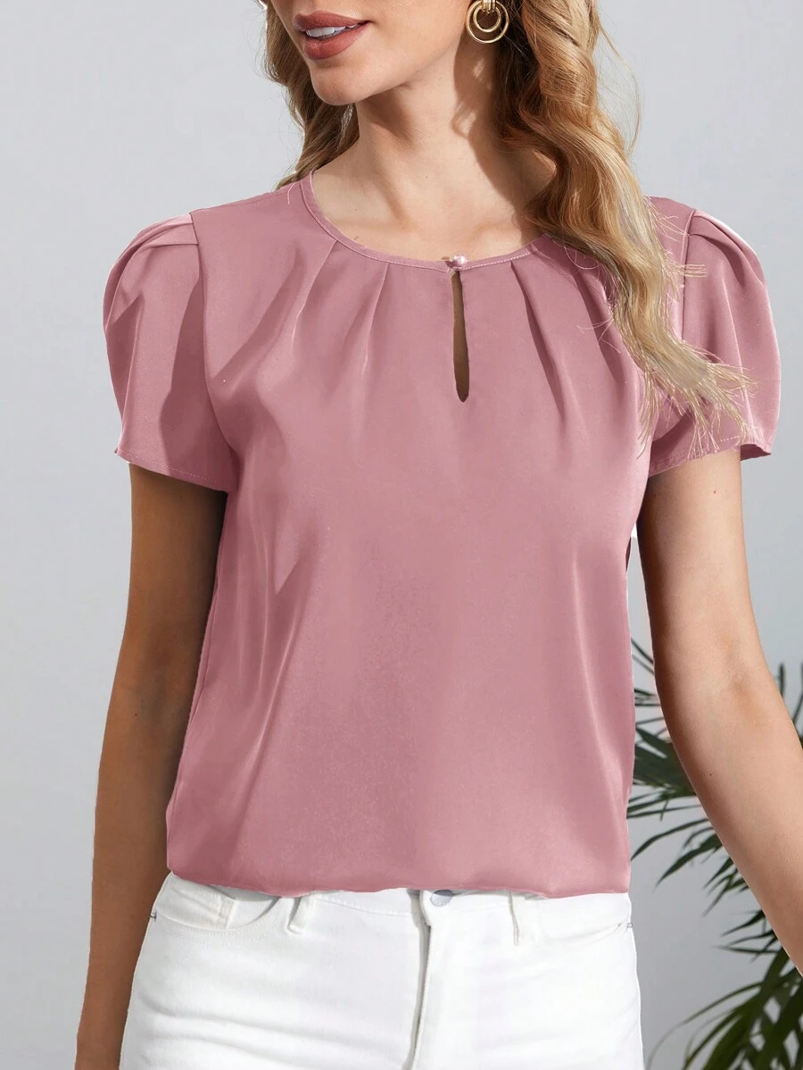 SHEIN Clasi 女款純色褶皺泡泡袖襯衫 - 粉色 - 查看 1