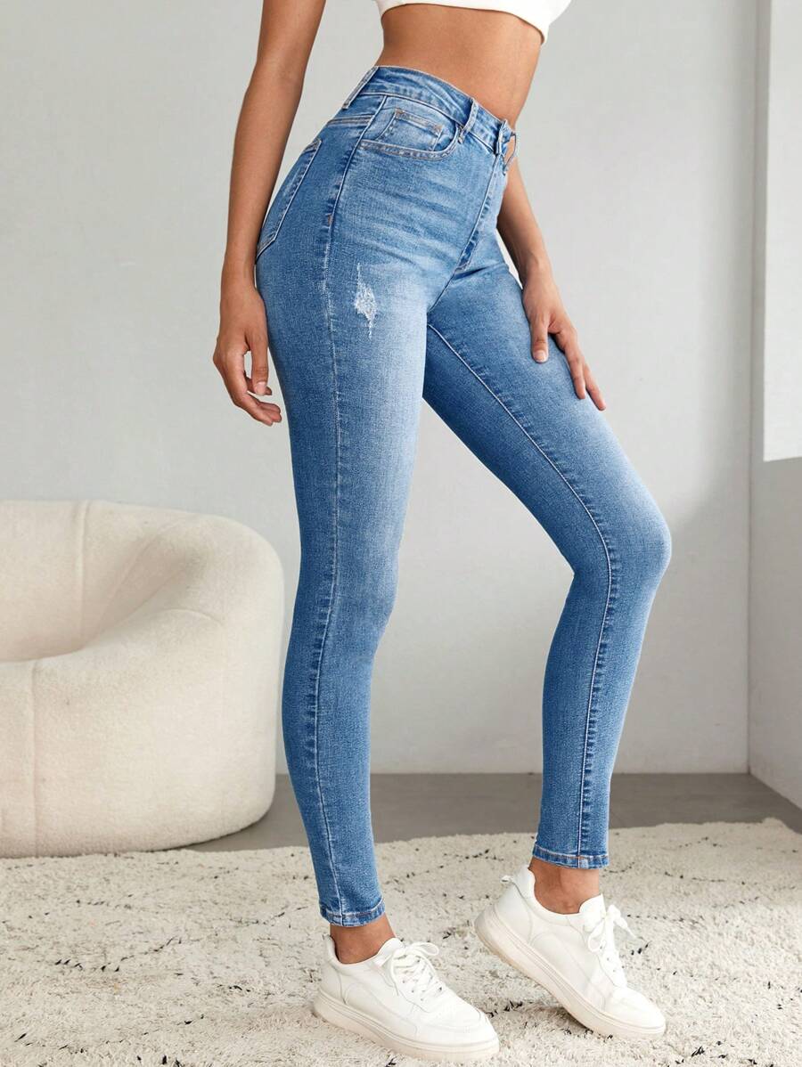 SHEIN Tall Ripped Slim Fit Denim Jeans - Medium Wash - View 1
