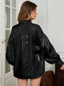 SHEIN Frenchy 黑色襯衫帶子打結款 - 黑色 - 查看 3