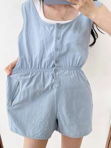 DAZY 简约半扣宽松剪裁连体裤式家居服，配有抽绳腰部睡衣 - 藍色 - 查看 7