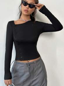 SHEIN Unity 女士不对称领口 T 恤 - 黑色 - 查看 1