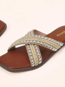 Styleloop Women'S Stylish Metal Braided Rivet Cross Vacation Spring And Summer Flat Sandals Comfortable Flat Slippers