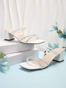 New Square Toe Thick Heel Sandals, Versatile High-End French Style Crystal Embellished High Heels For Commuting, Business And Daily Wear - White - View 6