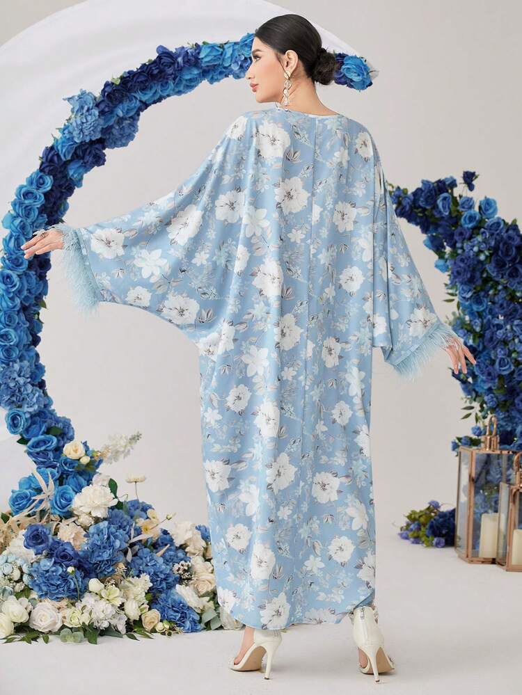 Women's Fringed Sleeve Cuff Batwing Sleeve Dress With All-Over Floral Print