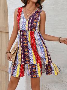 Breezaya 花卉印花v領無袖荷葉邊連衣裙 - 彩色 - 查看 5