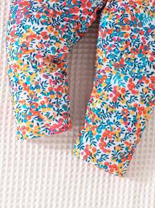 SHEIN 2pcs Baby Girls' Easter Bunny Patchwork Floral Print Short Sleeve Top And Long Pants Set For Summer - Multicolor - View 5