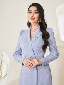 Modelyn Vestido de noche largo con manga abullonada de mujer en tejido jacquard - Azul - Ver 4