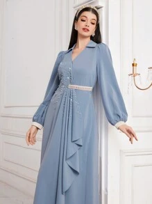 Modelyn 女士串珠细节灯笼袖连衣裙，优雅晚会礼服长款晚礼服 - 藍色 - 查看 6