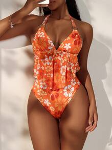 SHEIN Swim Women's Summer Beach Floral Print Halter V-Neck Halter Tankini Set Bathing Suit - Multicolor - View 5