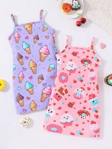 SHEIN Váy không tay in hình bánh rán ngọt ngào & kem cho cô gái trẻ cho mùa hè - Nhiều màu - Xem 2