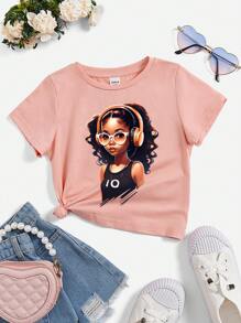 Young Girl Casual Short Sleeve Cotton T-Shirt Cool Girl Pattern, Suitable For Summer - Coral Pink - View 1