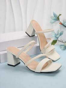 Spring/Summer White French High Heels Sandals, Minimalist Square Toe Design, Faux Leather, Suitable For Walking, Dating, Gatherings, Parties, Work - Beige - View 5