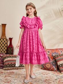 SHEIN Vestido De Manga Abullonada De Longitud Media Para Niñas Preadolescentes Con Cuello Redondo Bordado, Color Sólido Y Dobladillo De Volantes Para Ocasiones Informales - Rosa - Ver 3