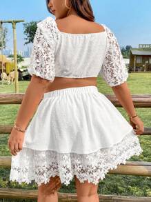 Flirla Plus Size Lace Raglan Sleeve Tie Front Jacquard Cropped Top And Skirt Set