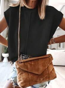 New Arrival Women's Casual Solid Color Round Neck Knitted Sweater Vest - Black - View 1