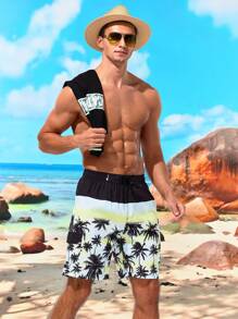 Manfinity Pantalones Cortos De Playa Con Estampado De Palmeras Para Hombres