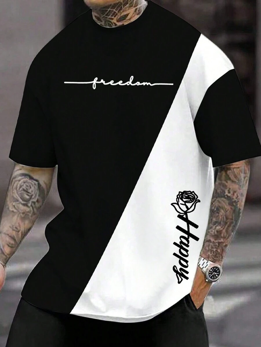 Manfinity Roughcore Men's Casual Contrast Color Block Letter Print T-Shirt - Multicolor - View 1