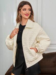 SHEIN Frenchy Women's Quilted Heart Pattern Loose Fit Casual Collared Padded Coat With Filling