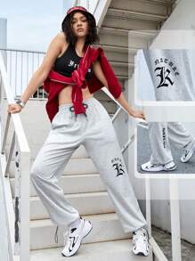 SHEIN Street Sport 印有字母的彈性腰運動褲 - 淺灰色 - 查看 1