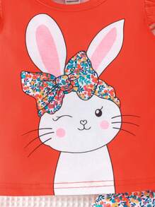 SHEIN 2pcs Baby Girls' Easter Bunny Patchwork Floral Print Short Sleeve Top And Long Pants Set For Summer - Multicolor - View 3