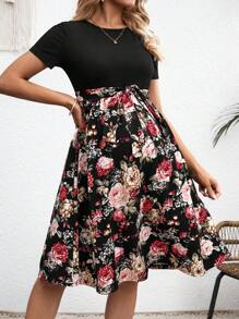 SHEIN Maternity Floral Print Short Sleeve A-Line Dress
