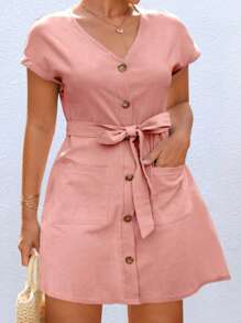 SHEIN Holidaya Kích thước lớn Của phụ nữ tay cánh Đầm Với Giường đôi tiêu chuẩn Túi - Bụi hồng - Xem 3