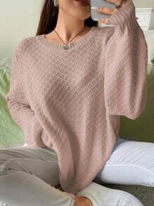 Flirla Sudadera De Punto Con Mangas Abullonadas De Patrón De Diamante Estilo Francés Para Mujeres De Talla Grande
