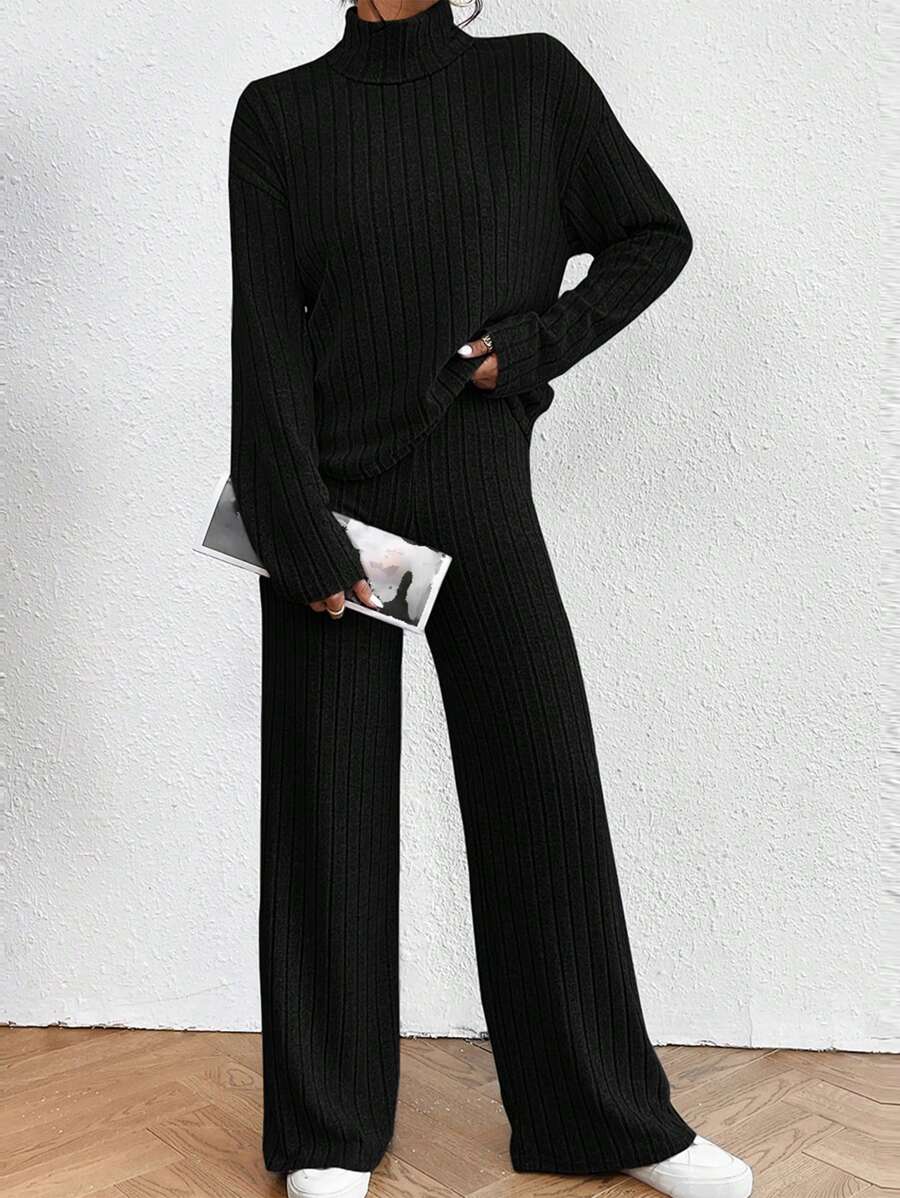 Cottnline 女士純色肋針針織上衣和長褲套裝 - 黑色 - 查看 1