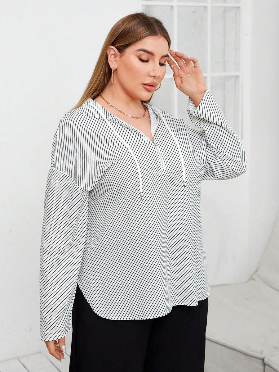 SHEIN Essnce Plus Size Striped Drawstring Hoodie Shirt