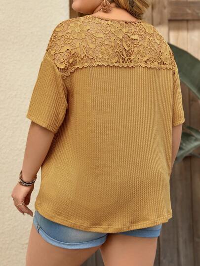 SHEIN LUNE Plus Size Women's V-Neck T-Shirt With Water-Soluble Lace Embroidery, Backless Tie-Up, Ruched Design